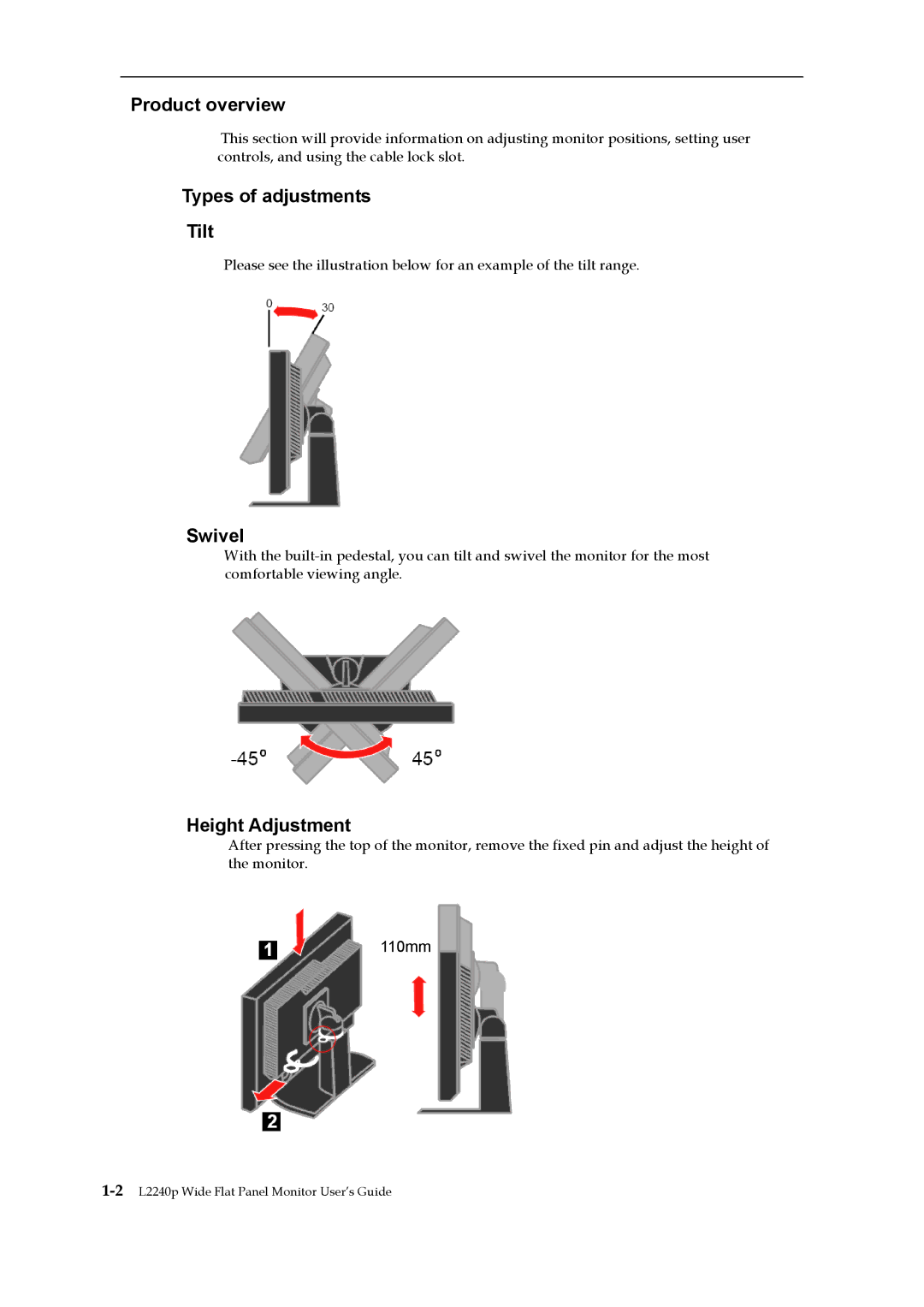 Lenovo L2240p manual Product overview, Types of adjustments Tilt, Swivel, Height Adjustment 