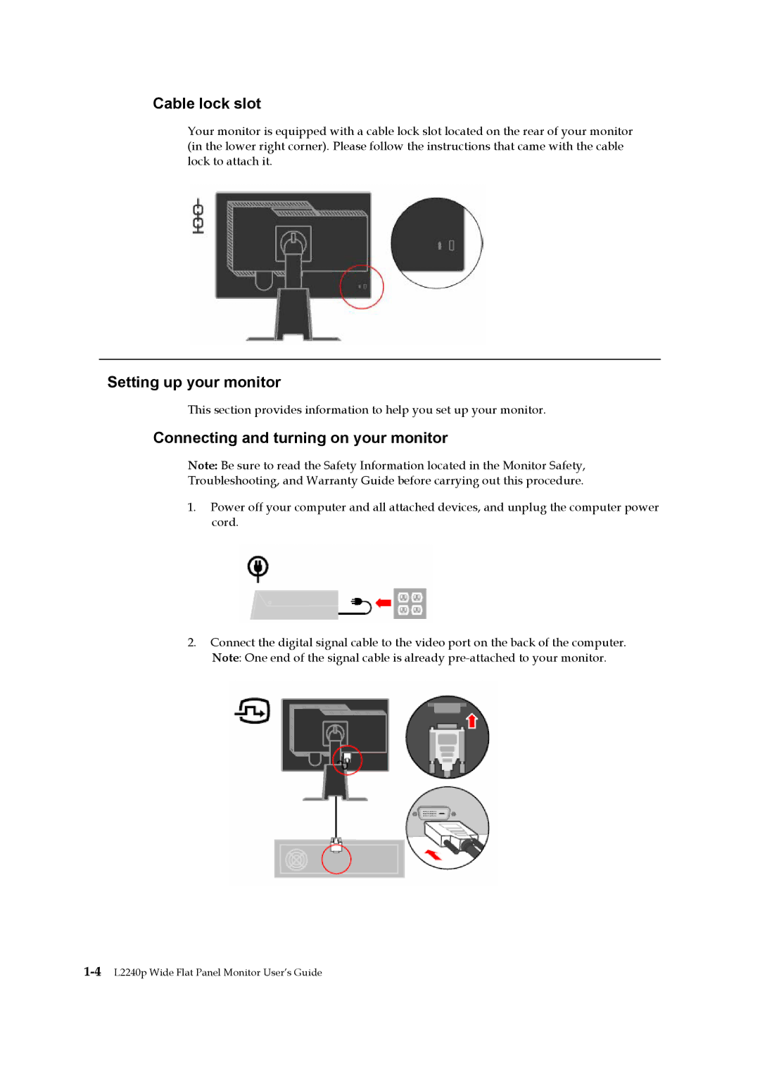 Lenovo L2240p manual Cable lock slot, Setting up your monitor, Connecting and turning on your monitor 