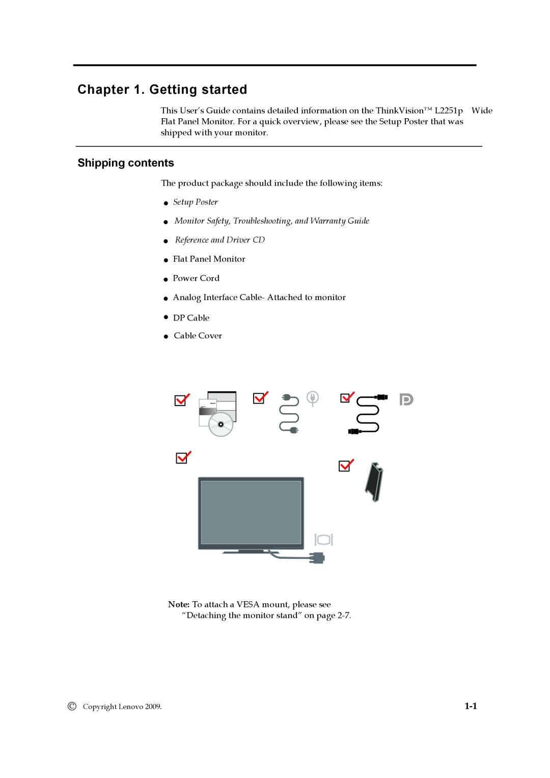 Lenovo L2251p manual Getting started, Shipping contents, Setup Poster Monitor Safety, Troubleshooting, and Warranty Guide 