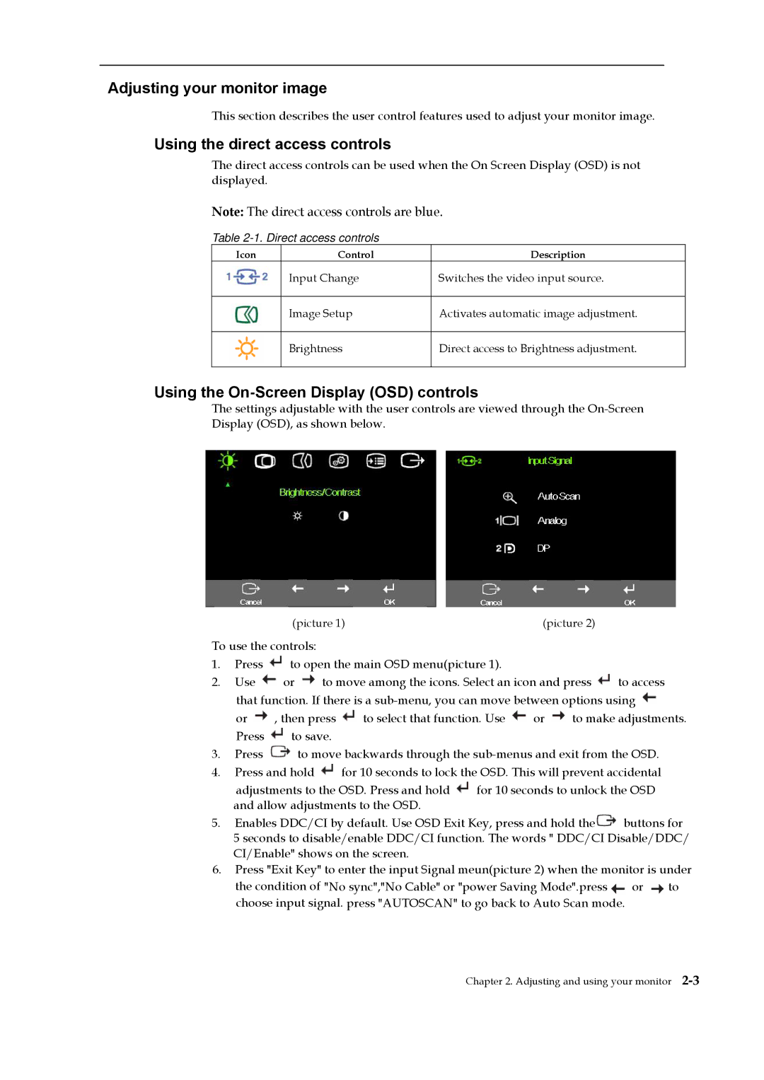 Lenovo L2251p Adjusting your monitor image, Using the direct access controls, Using the On-Screen Display OSD controls 