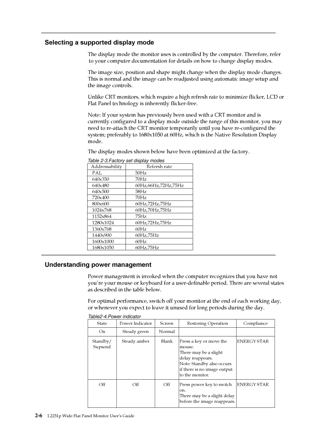 Lenovo L2251p manual Selecting a supported display mode, Understanding power management 