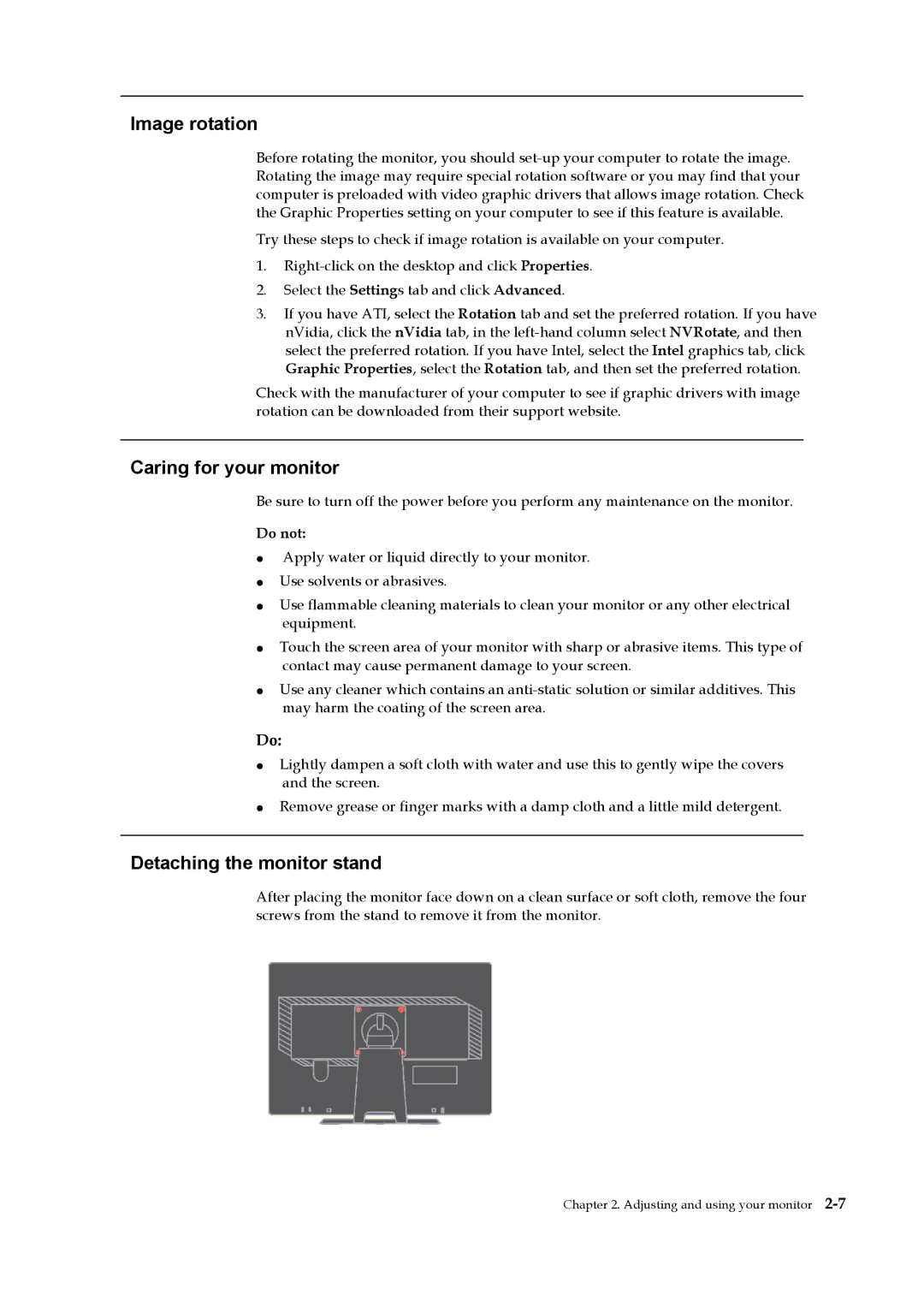 Lenovo L2251p manual Image rotation, Caring for your monitor, Detaching the monitor stand 