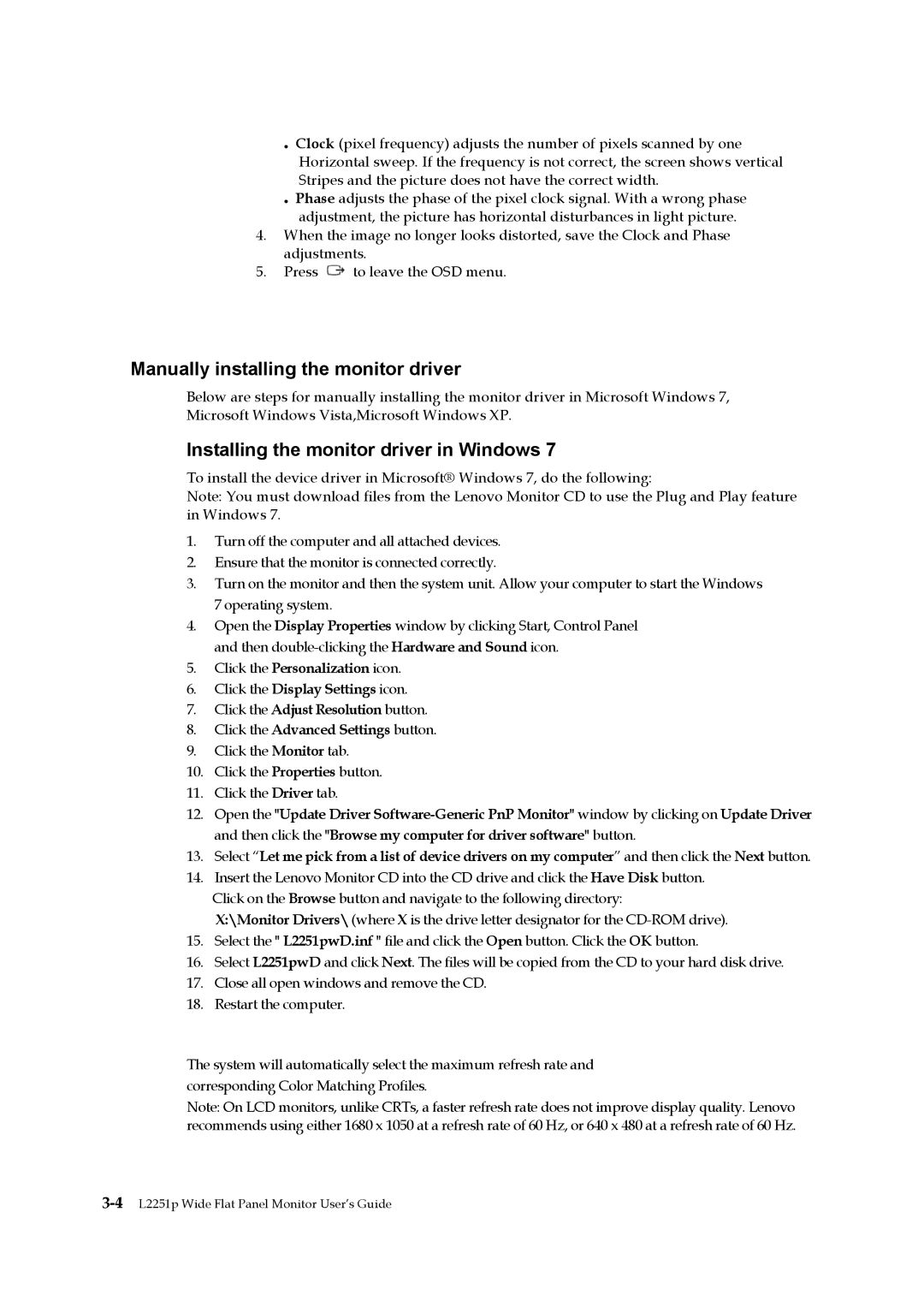 Lenovo L2251p manual Manually installing the monitor driver, Installing the monitor driver in Windows 