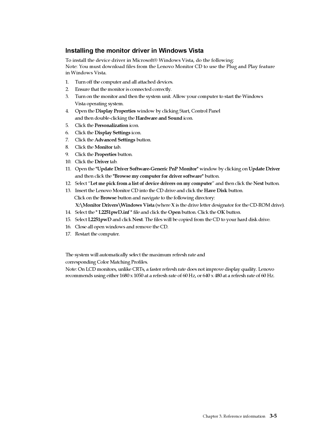 Lenovo L2251p manual Installing the monitor driver in Windows Vista 