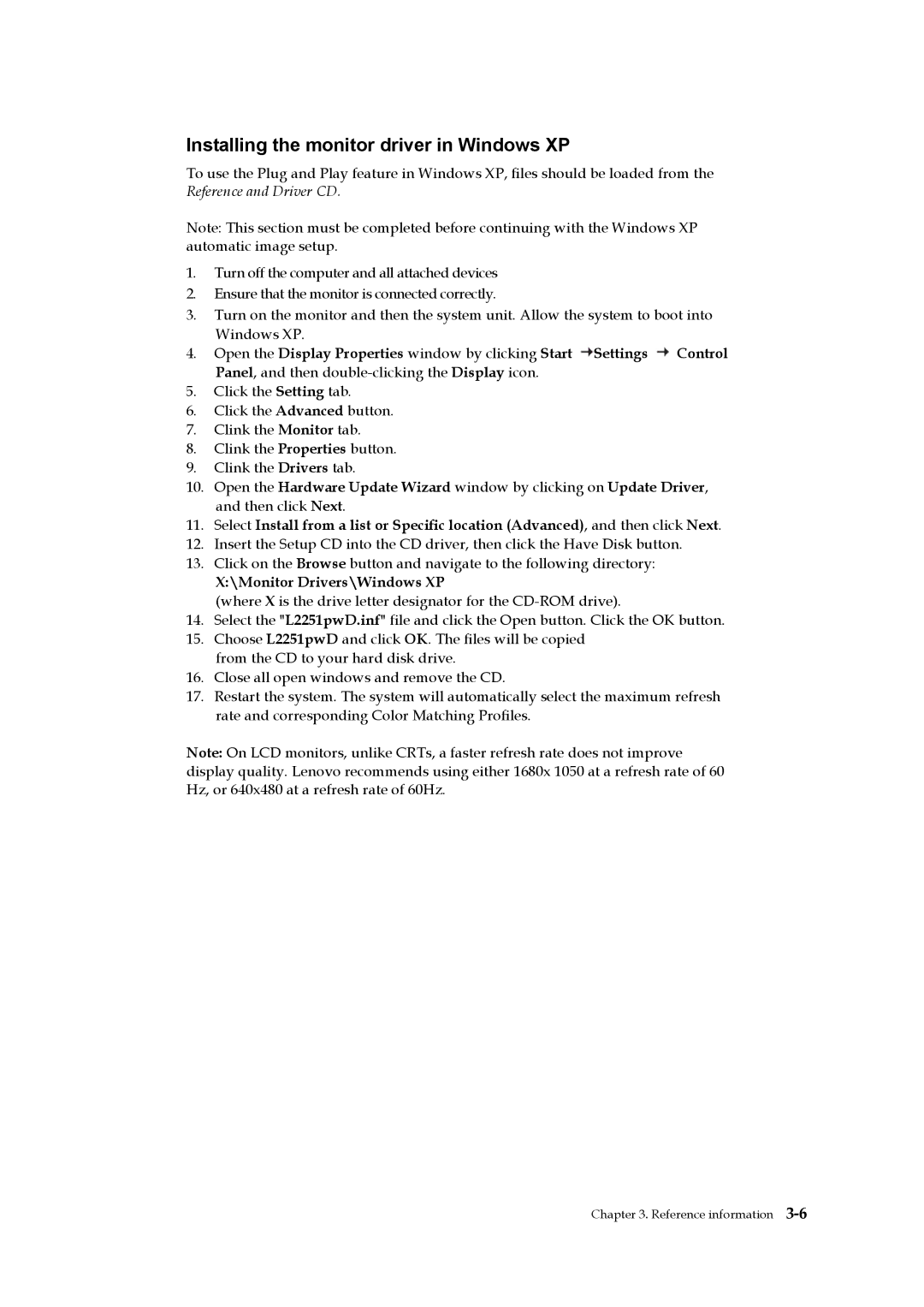 Lenovo L2251p manual Installing the monitor driver in Windows XP, Monitor Drivers\Windows XP 
