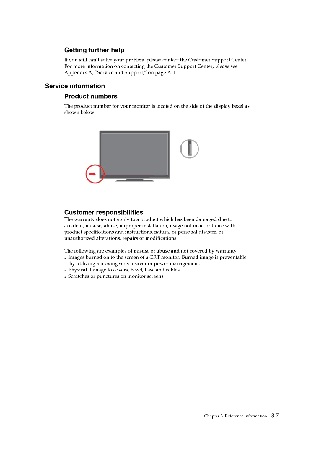 Lenovo L2251p manual Getting further help, Service information Product numbers, Customer responsibilities 