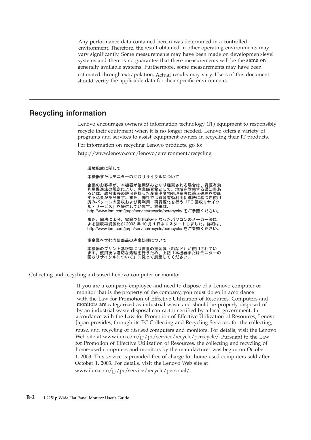 Lenovo L2251p manual Recycling information 