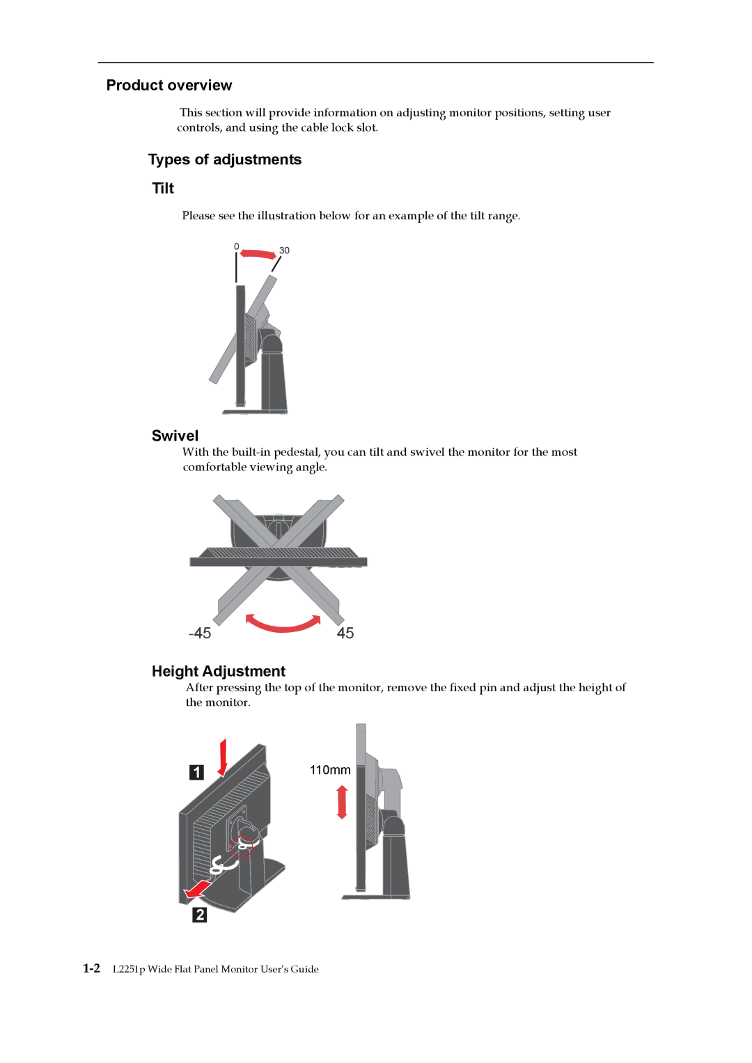 Lenovo L2251p manual Product overview, Types of adjustments Tilt, Swivel, Height Adjustment 