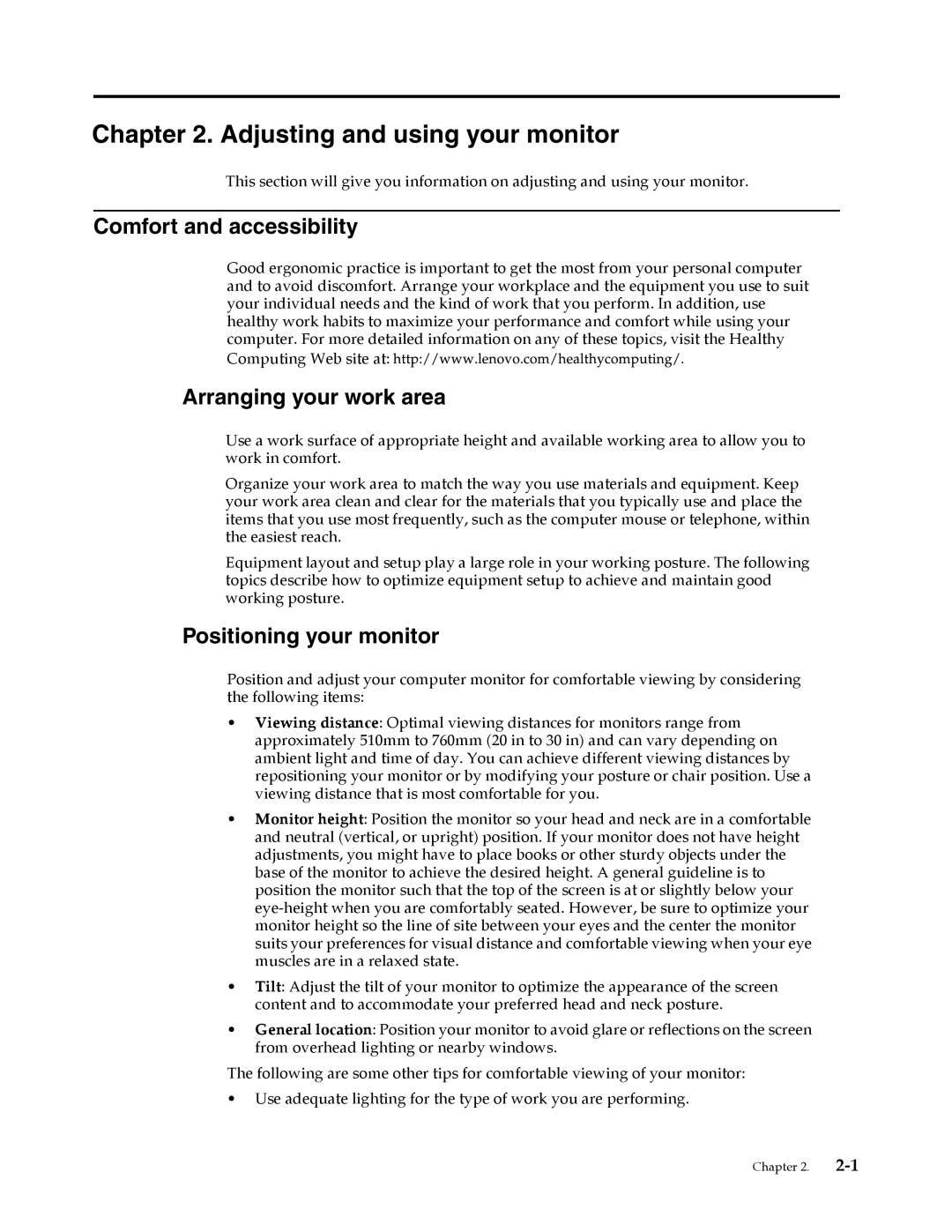 Lenovo L2262 manual Adjusting and using your monitor, Comfort and accessibility, Arranging your work area 