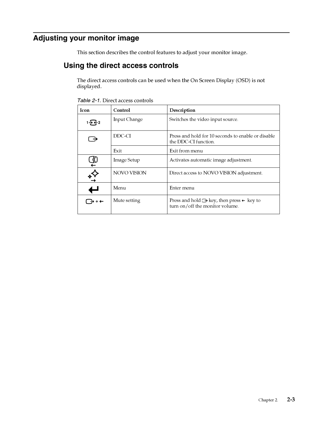 Lenovo L2262 manual Adjusting your monitor image, Using the direct access controls 