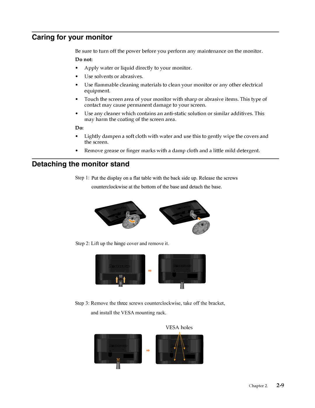 Lenovo L2262 manual Caring for your monitor, Detaching the monitor stand 