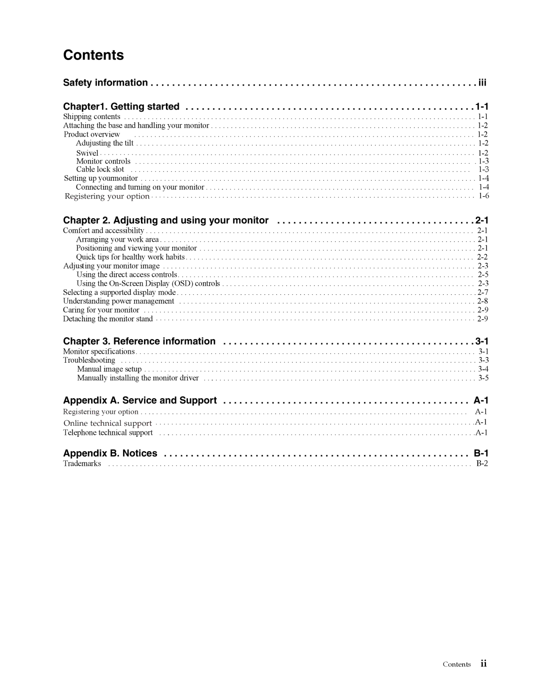 Lenovo L2262 manual Contents 