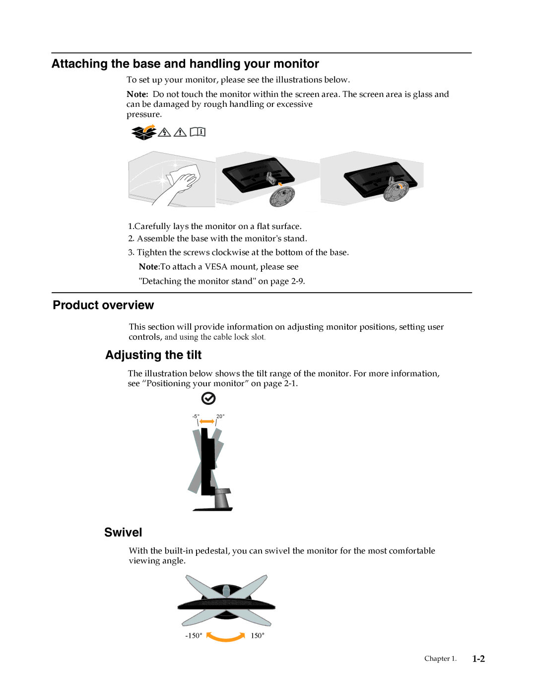 Lenovo L2262 manual Attaching the base and handling your monitor, Product overview, Adjusting the tilt, Swivel 