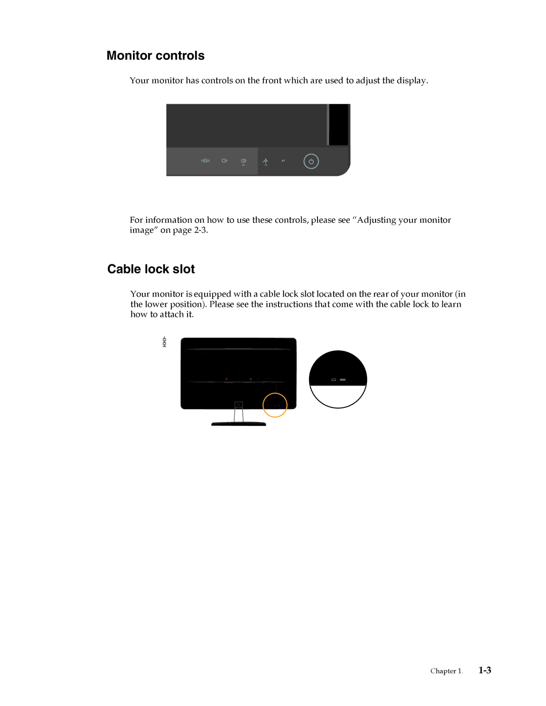 Lenovo L2262 manual Monitor controls, Cable lock slot 