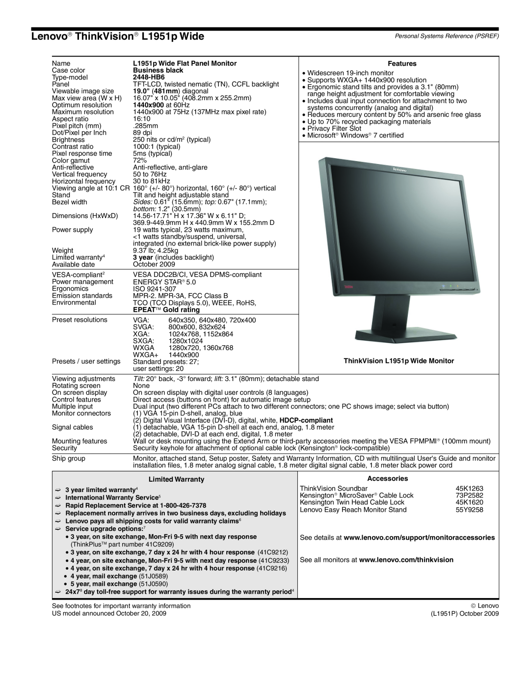 Lenovo L2321x L1951p Wide Flat Panel Monitor, 2448-HB6, 19.0 481mm diagonal, 1440x900 at 60Hz, Features, Business black 