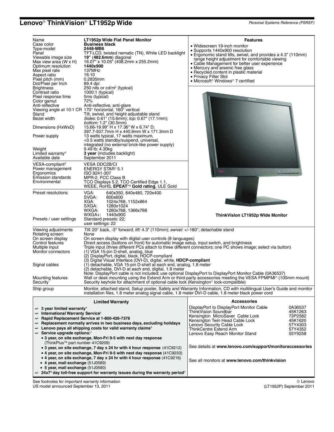 Lenovo L2321x manual Lenovo→ ThinkVision→ LT1952p Wide, LT1952p Wide Flat Panel Monitor, Business black, 2448-MB6, 1440x900 