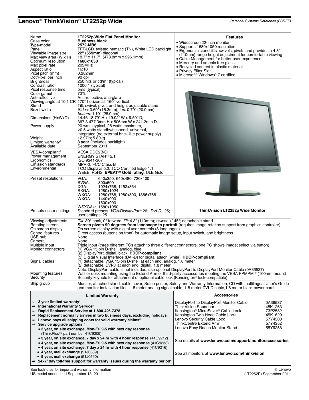 Lenovo L2321x Lenovo→ ThinkVision→ LT2252p Wide, LT2252p Wide Flat Panel Monitor, Business black, 2572-MB6, 1680x1050 