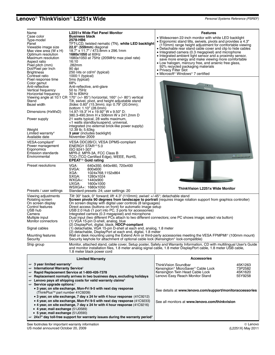 Lenovo L2321x manual Lenovo→ ThinkVision→ L2251x Wide, L2251x Wide Flat Panel Monitor, Features, Business black, 2578-HB6 