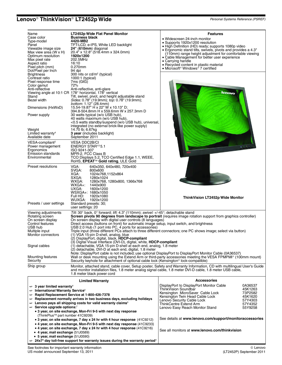 Lenovo L2321x Lenovo→ ThinkVision→ LT2452p Wide, LT2452p Wide Flat Panel Monitor, Business black, 4420-MB2, 1920x1200 