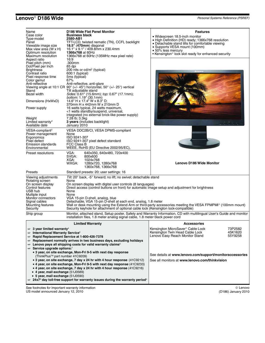 Lenovo L2321x Lenovo→ D186 Wide, D186 Wide Flat Panel Monitor, Features, Business black, 2580-AB1, 18.5 470mm diagonal 