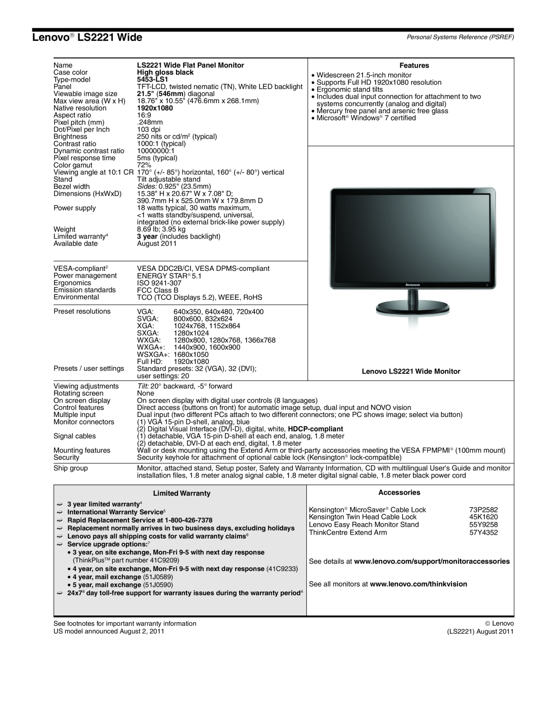 Lenovo L2321x manual Lenovo→ LS2221 Wide, LS2221 Wide Flat Panel Monitor, High gloss black, 5453-LS1, 21.5 546mm diagonal 