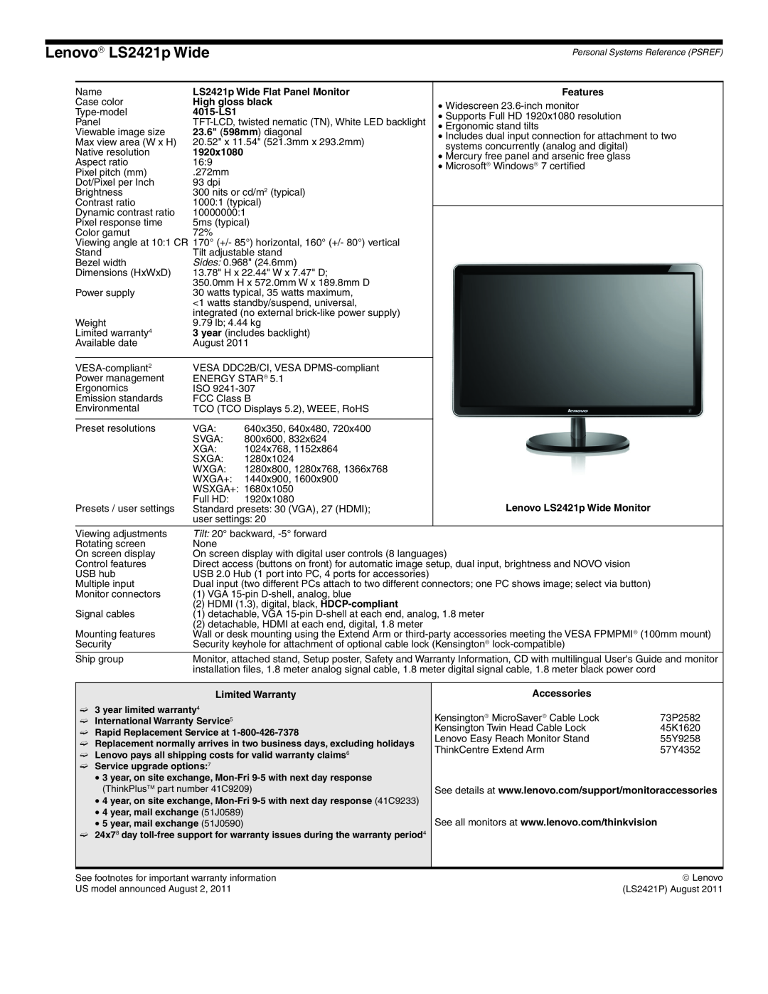 Lenovo L2321x manual Lenovo→ LS2421p Wide, LS2421p Wide Flat Panel Monitor, 4015-LS1, 23.6 598mm diagonal, High gloss black 