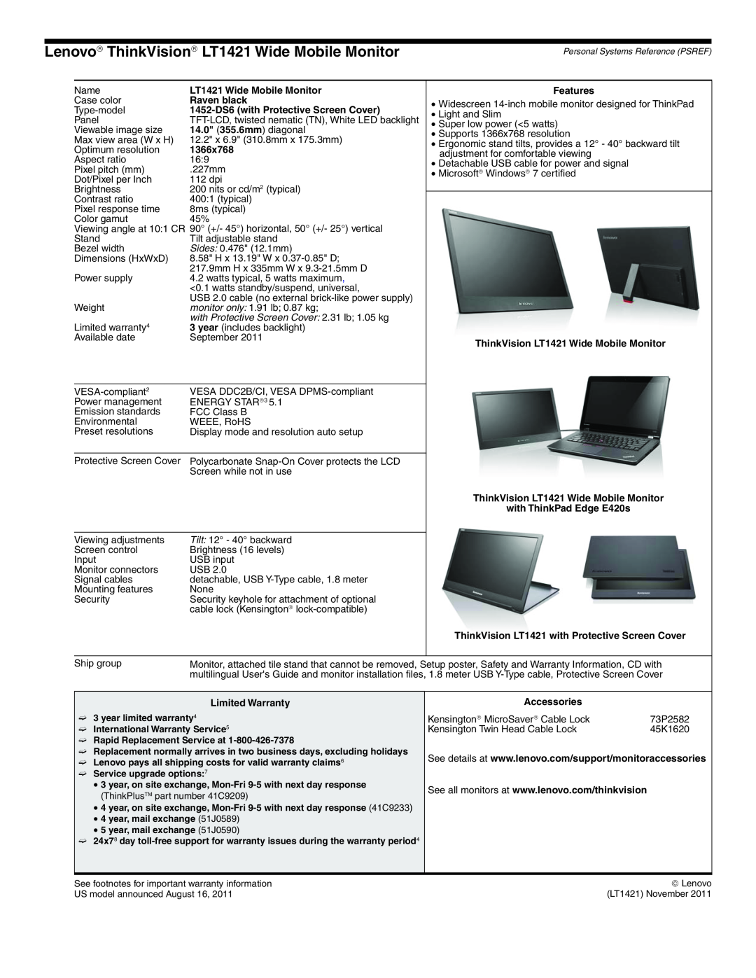 Lenovo L2321x manual Lenovo→ ThinkVision→ LT1421 Wide Mobile Monitor 