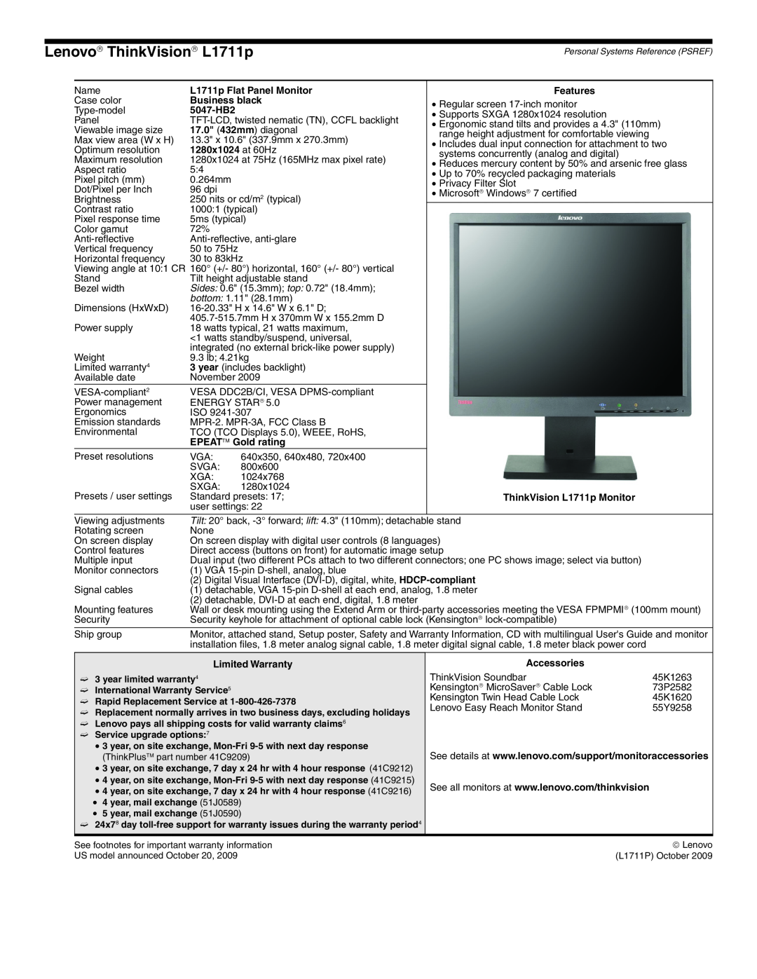 Lenovo L2321x manual Lenovo→ ThinkVision→ L1711p, L1711p Flat Panel Monitor, Business black, 5047-HB2, 17.0 432mm diagonal 
