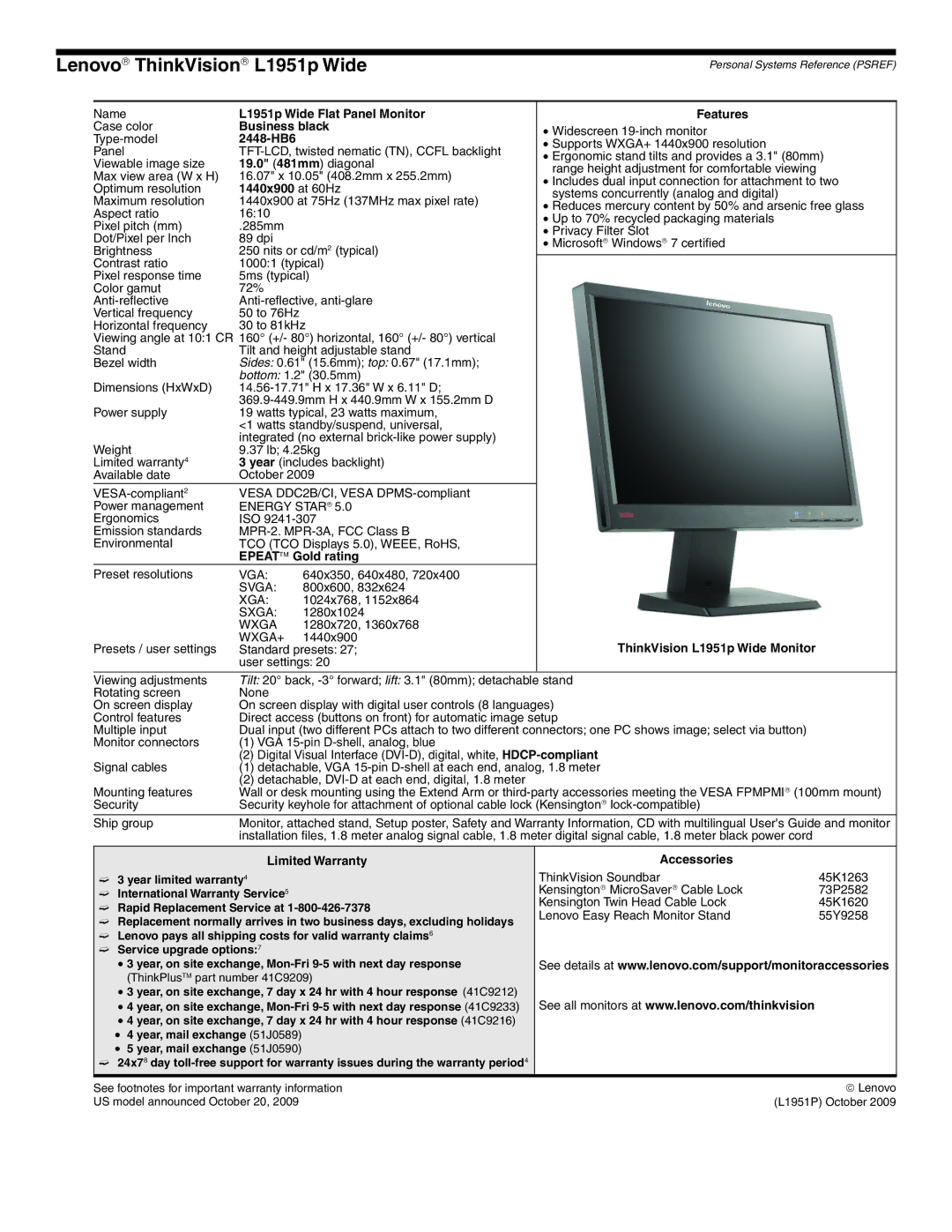 Lenovo L2321x manual L1951p Wide Flat Panel Monitor Features, 2448-HB6, 19.0 481mm diagonal, 1440x900 at 60Hz 