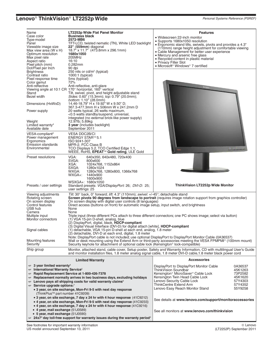 Lenovo L2321x manual Lenovo→ ThinkVision→ LT2252p Wide, LT2252p Wide Flat Panel Monitor, 2572-MB6, 1680x1050 