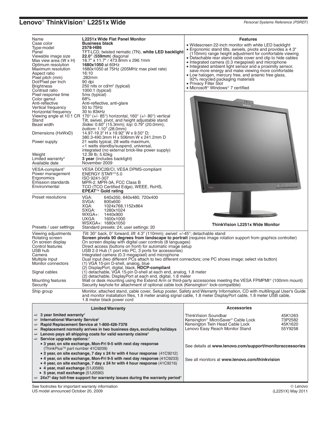 Lenovo L2321x manual Lenovo→ ThinkVision→ L2251x Wide 