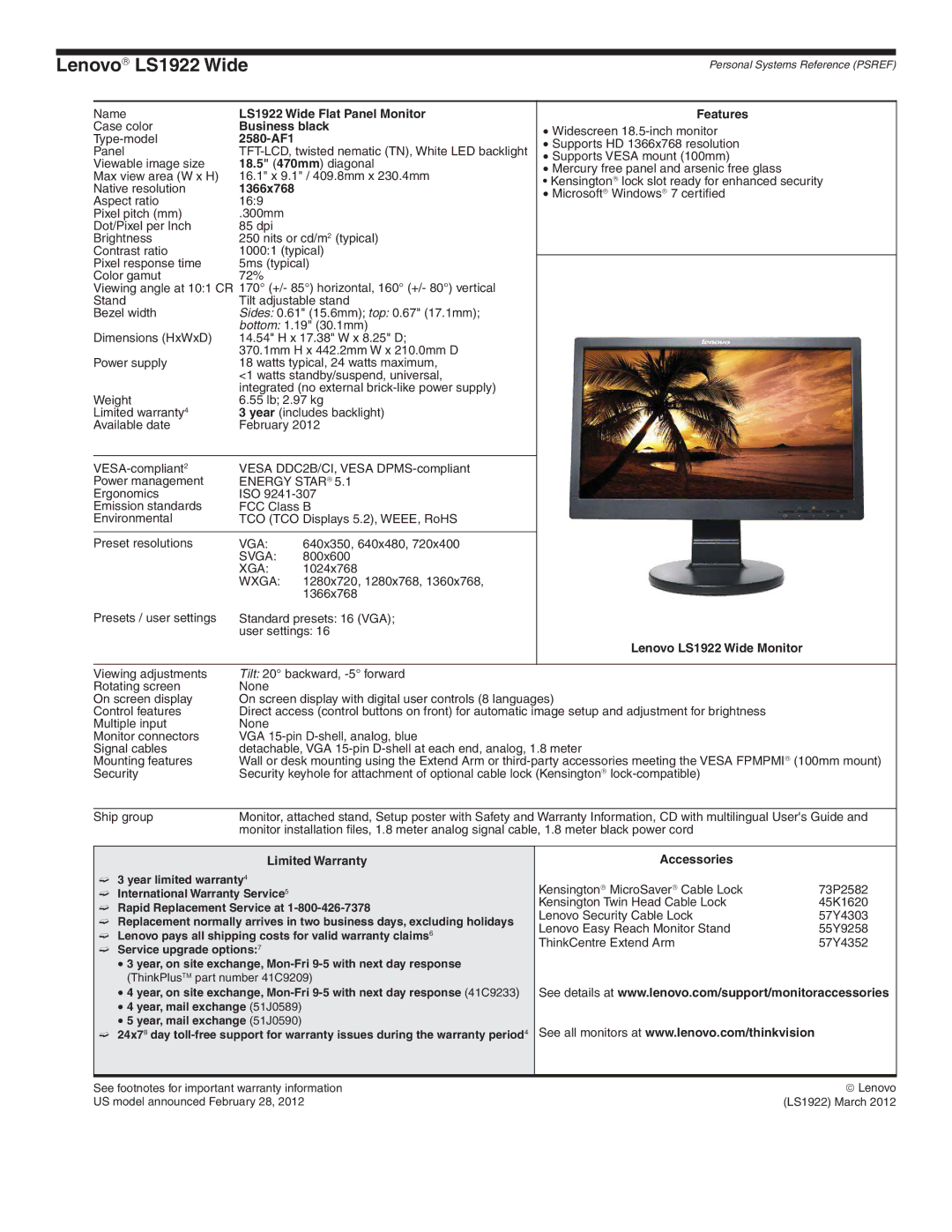 Lenovo L2321x manual Lenovo→ LS1922 Wide, LS1922 Wide Flat Panel Monitor, 2580-AF1, 1366x768, Lenovo LS1922 Wide Monitor 