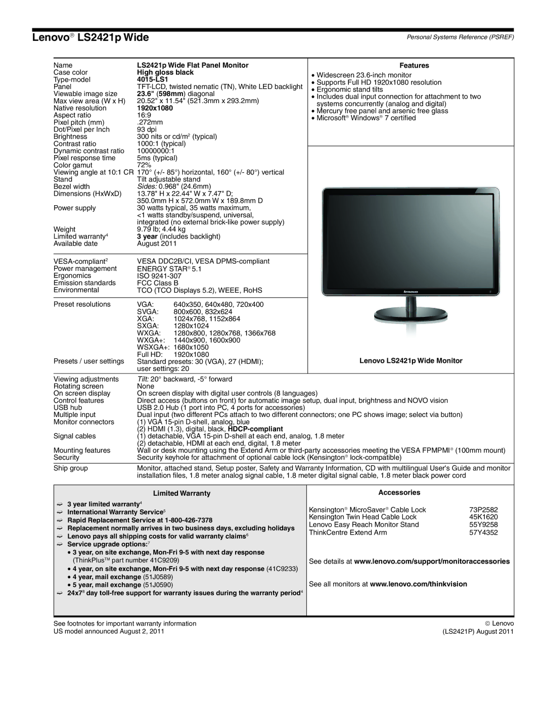 Lenovo L2321x manual Lenovo→ LS2421p Wide, LS2421p Wide Flat Panel Monitor, 4015-LS1, 23.6 598mm diagonal 