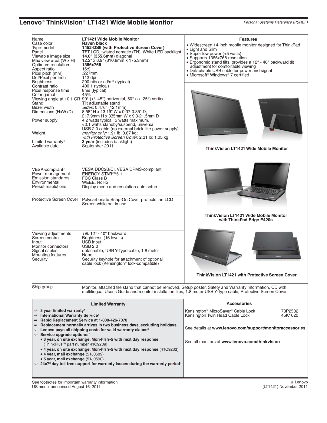 Lenovo L2321x manual Lenovo→ ThinkVision→ LT1421 Wide Mobile Monitor 