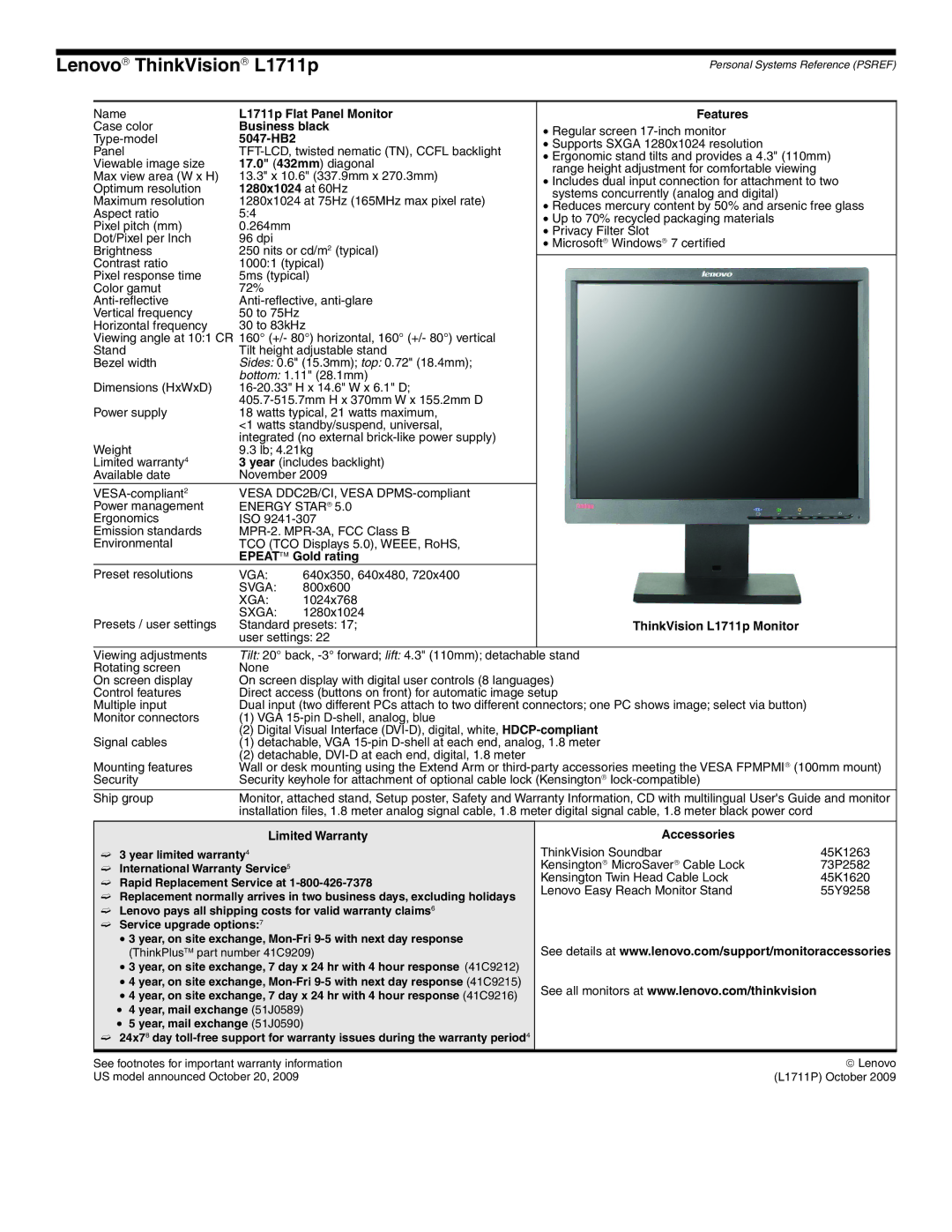 Lenovo L2321x manual Lenovo→ ThinkVision→ L1711p 