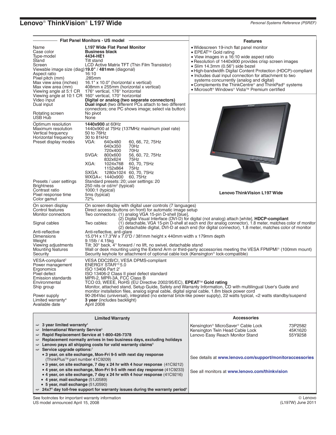 Lenovo L2321x manual Lenovo→ ThinkVision→ L197 Wide 