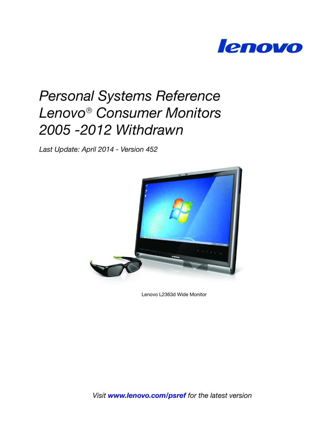 Lenovo L2363D manual Personal Systems Reference, Lenovo→ Consumer Monitors 2005 -2012Withdrawn, Lenovo L2363d Wide Monitor 