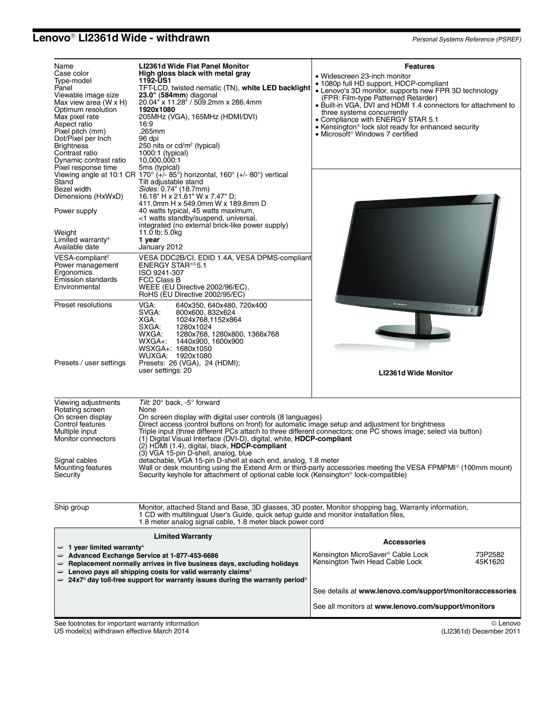Lenovo L2363D manual Lenovo→ LI2361d Wide - withdrawn 