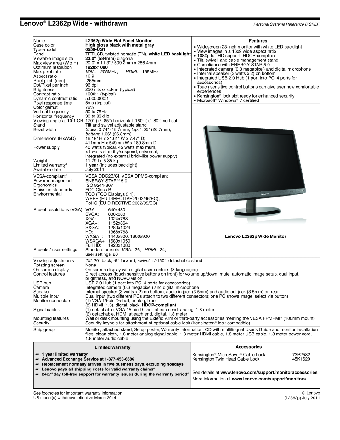 Lenovo L2363D manual Lenovo→ L2362p Wide - withdrawn, VGA 205MHz HDMI, Hdmi 