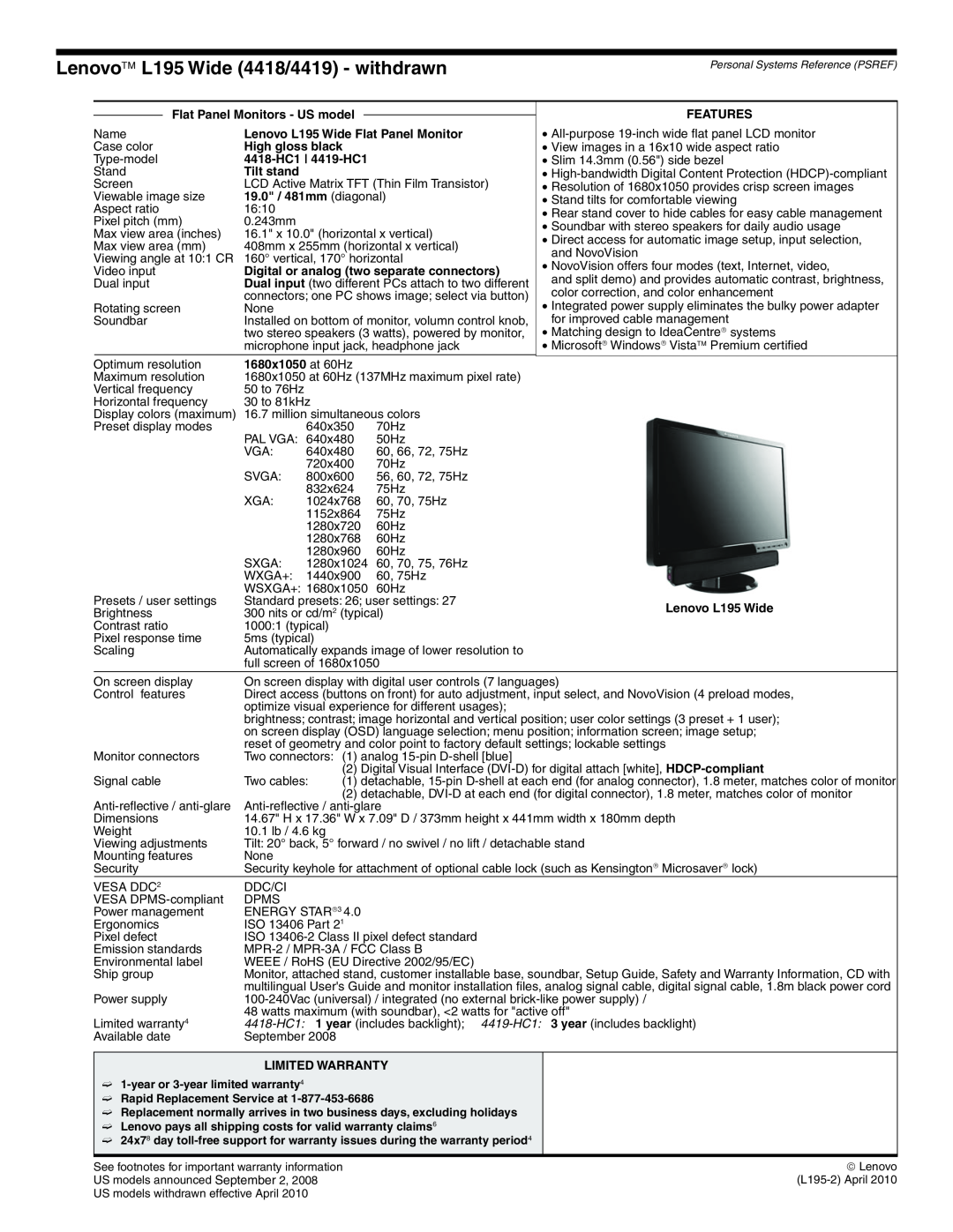 Lenovo L2363D manual Lenovo L195 Wide 4418/4419 - withdrawn 
