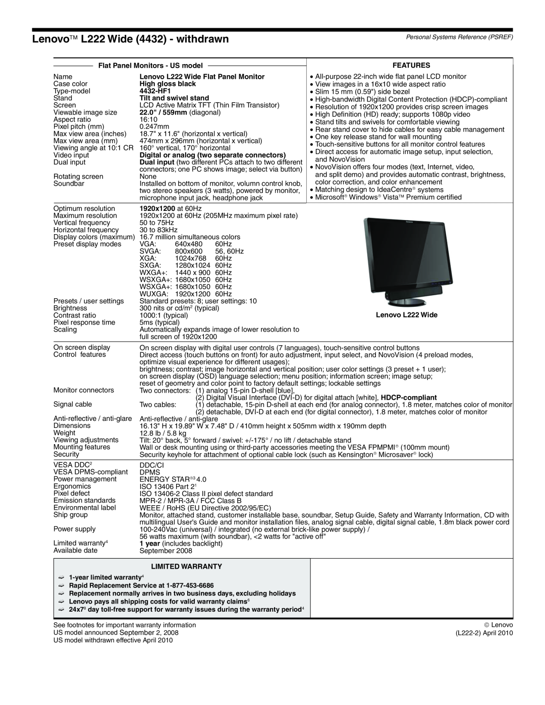 Lenovo L2363D manual Lenovo L222 Wide 4432 - withdrawn 