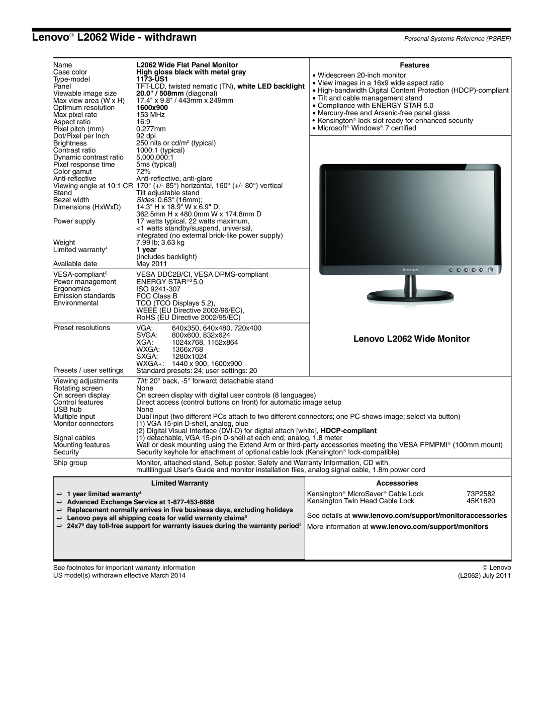 Lenovo L2363D manual Lenovo→ L2062 Wide - withdrawn, Lenovo L2062 Wide Monitor 