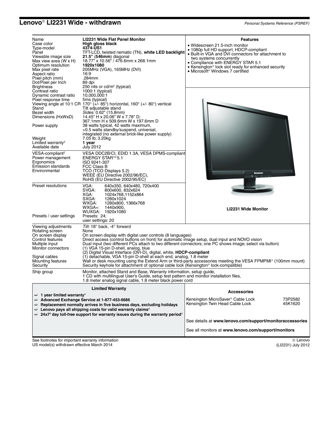 Lenovo L2363D manual Lenovo→ LI2231 Wide - withdrawn 