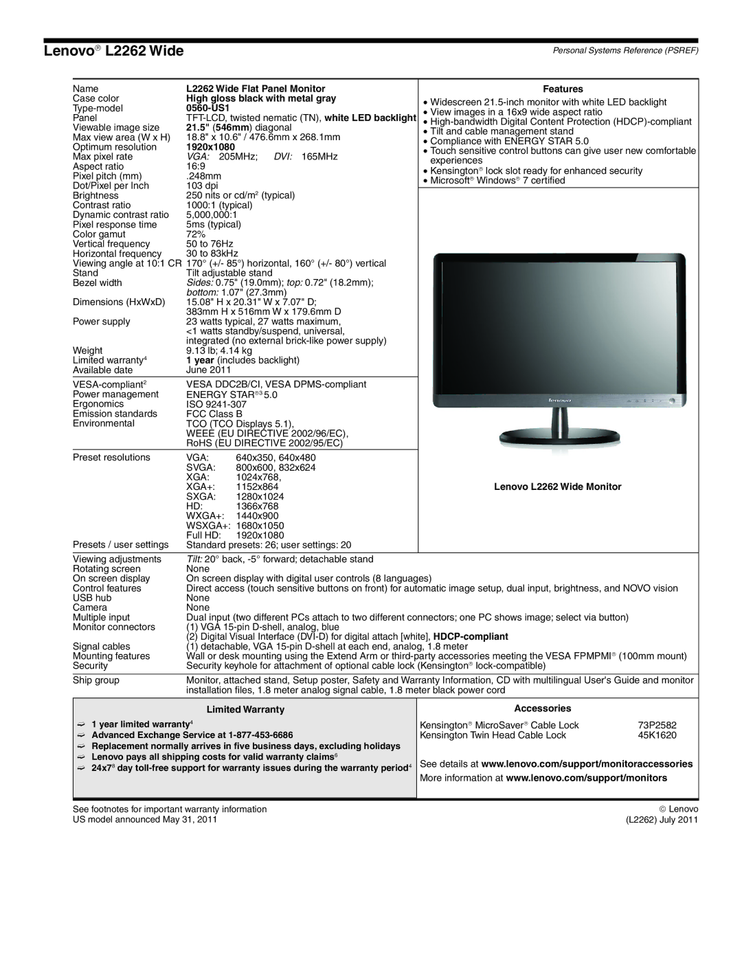 Lenovo L2363D manual L2262 Wide Flat Panel Monitor Features, 0560-US1, 21.5 546mm diagonal, 1920x1080 