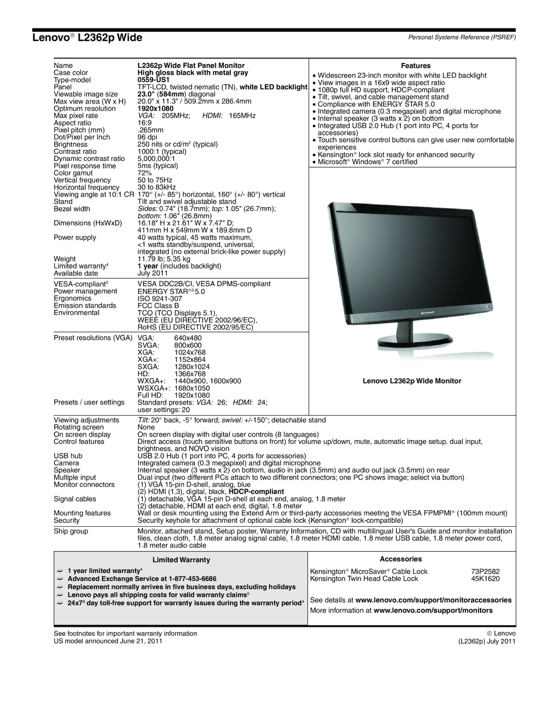 Lenovo L2363D manual Lenovo→ L2362p Wide, L2362p Wide Flat Panel Monitor, 0559-US1, 23.0 584mm diagonal 