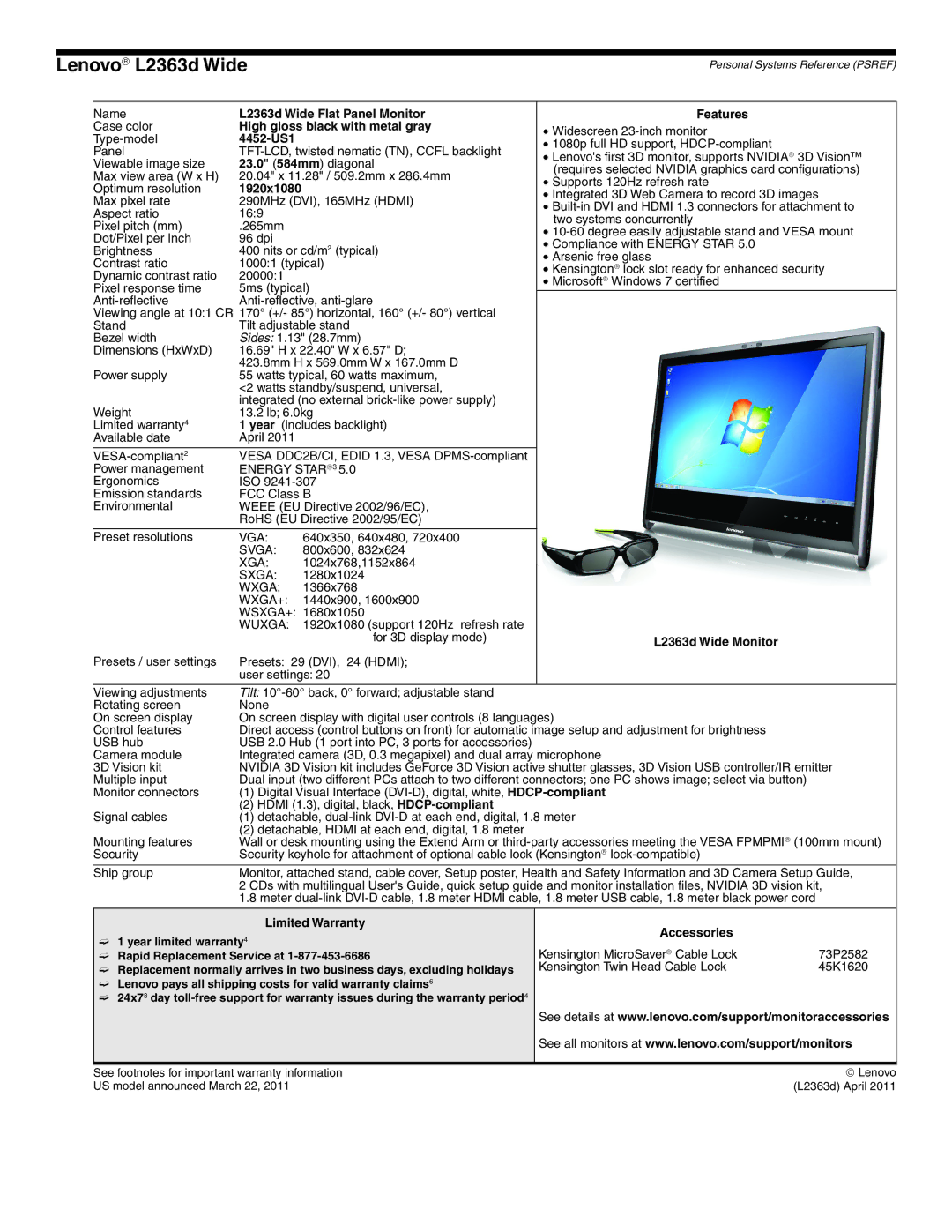 Lenovo L2363D manual Lenovo→ L2363d Wide, L2363d Wide Flat Panel Monitor Features, 4452-US1, L2363d Wide Monitor 