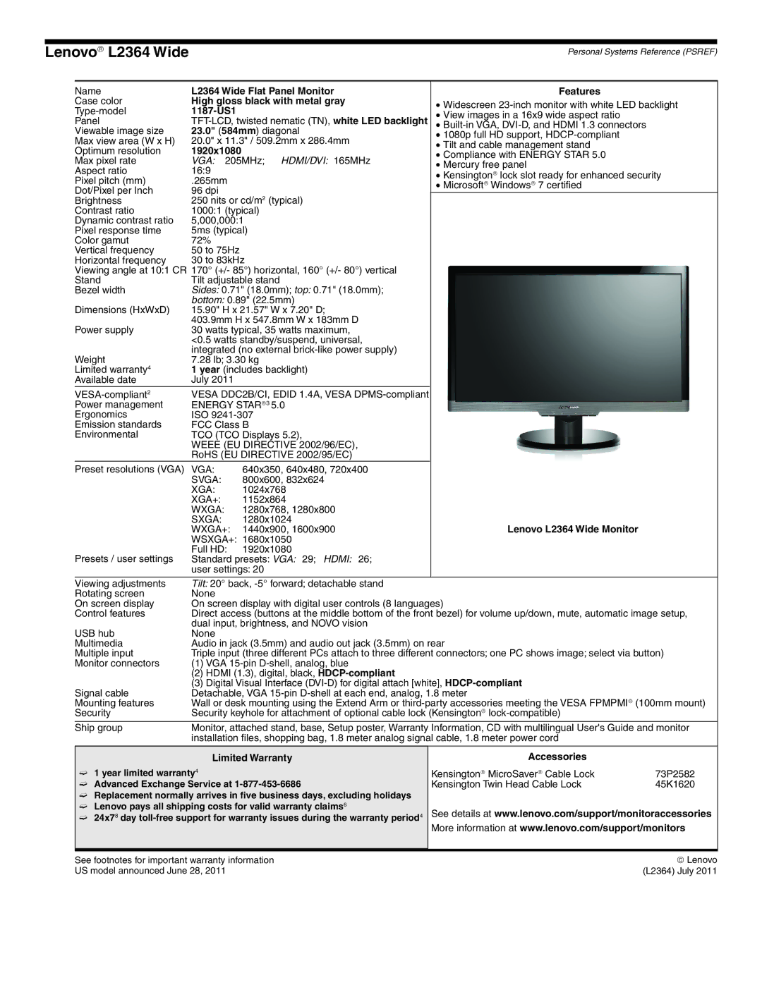 Lenovo L2363D manual Lenovo→ L2364 Wide, L2364 Wide Flat Panel Monitor, 1187-US1, VGA 205MHz HDMI/DVI 165MHz 