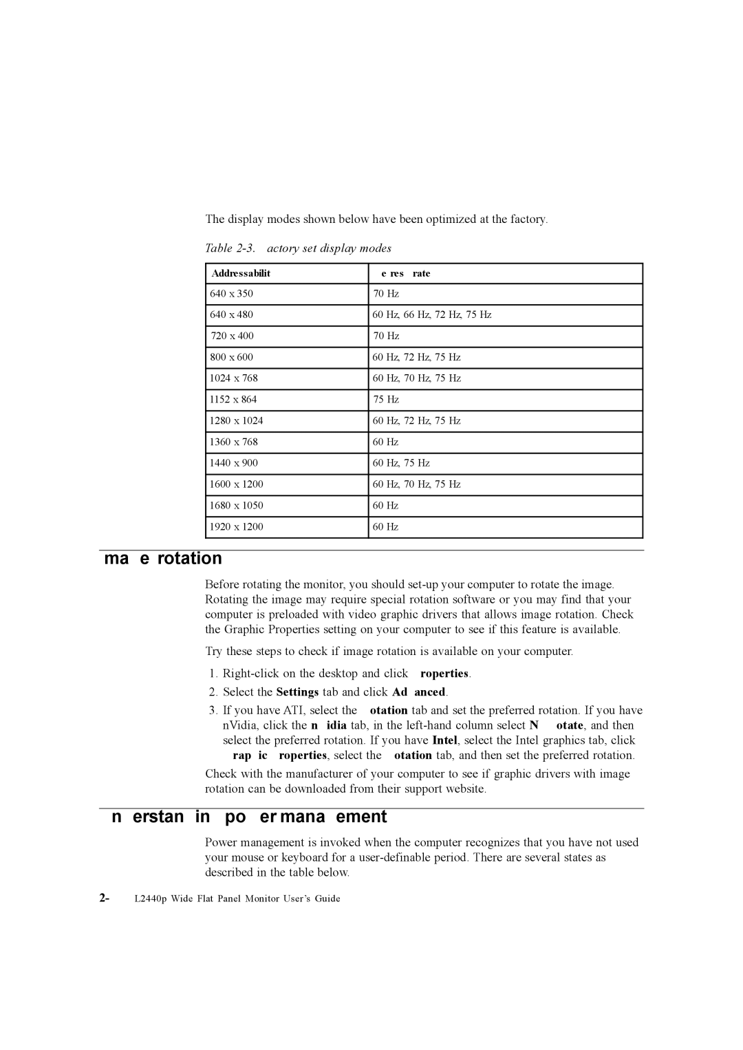 Lenovo L2440p, 4420HB2 manual Image rotation, Understanding power management, Factory set display modes 