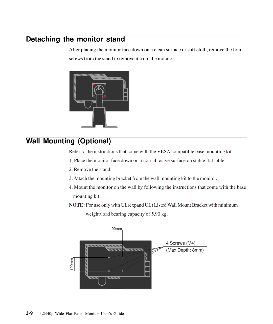 Lenovo L2440p, 4420HB2 manual Detaching the monitor stand, Wall Mounting Optional 