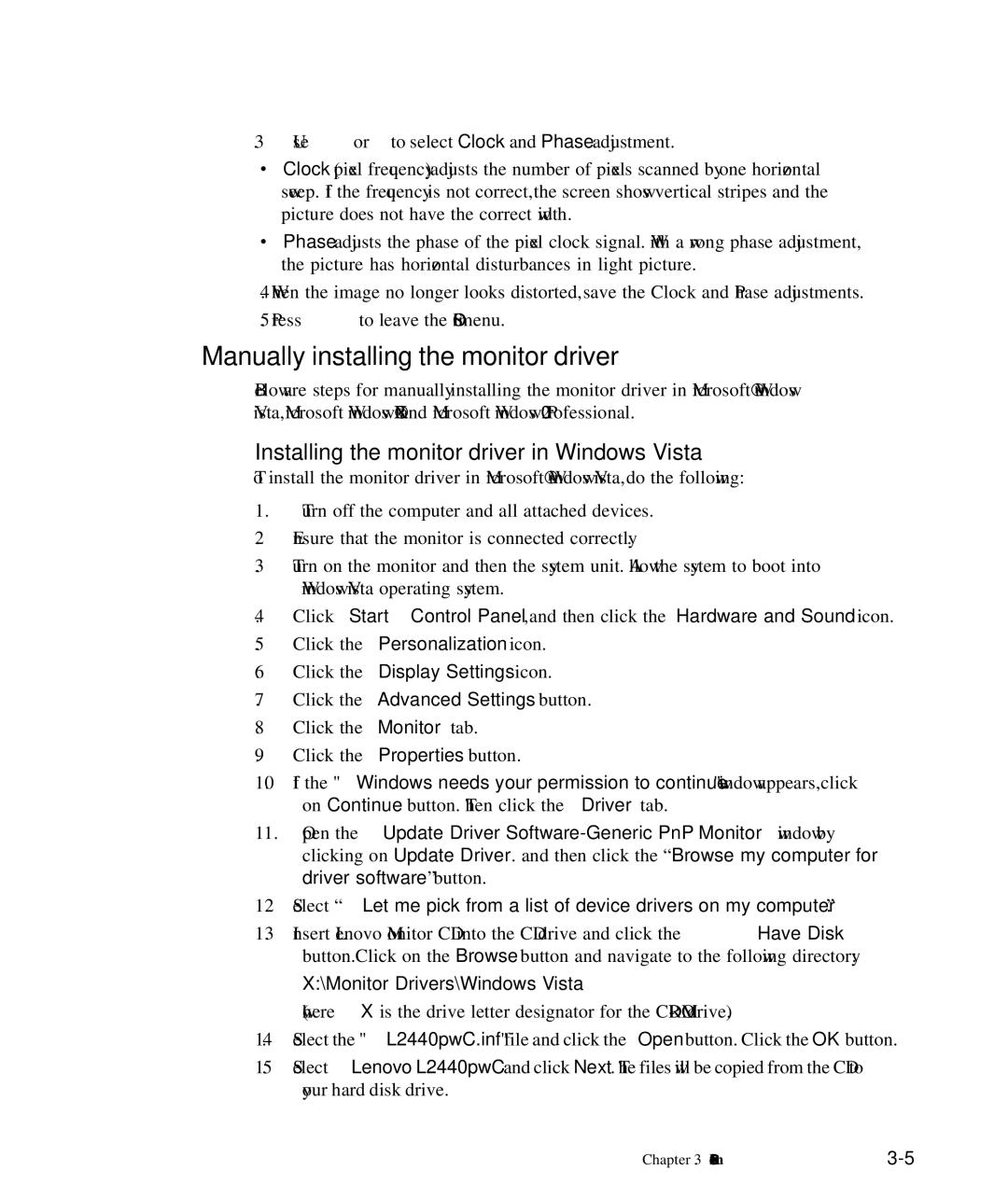 Lenovo 4420HB2, L2440p manual Manually installing the monitor driver, Installing the monitor driver in Windows Vista 